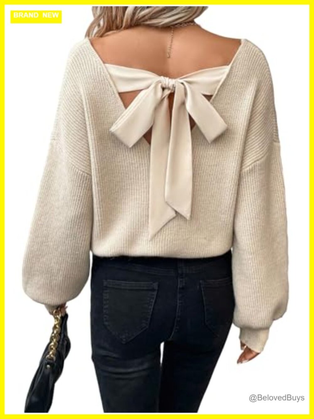 Cable Knit Oversized Bow Sweater Deep V-Neck Tie Back Chunky Pullover